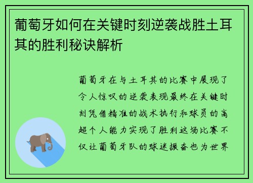 葡萄牙如何在关键时刻逆袭战胜土耳其的胜利秘诀解析