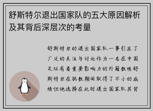 舒斯特尔退出国家队的五大原因解析及其背后深层次的考量 舒斯特尔退出国家队的五大原因解析及其背后深层次的考量