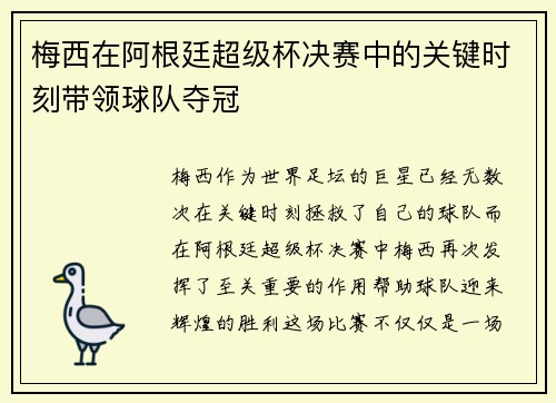 梅西在阿根廷超级杯决赛中的关键时刻带领球队夺冠